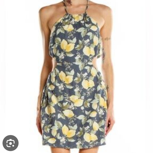 Abercrombie And Fitch Lemon Floral Halter Neck Cut Out Dress Blue and Yellow XS - Picture 1 of 7